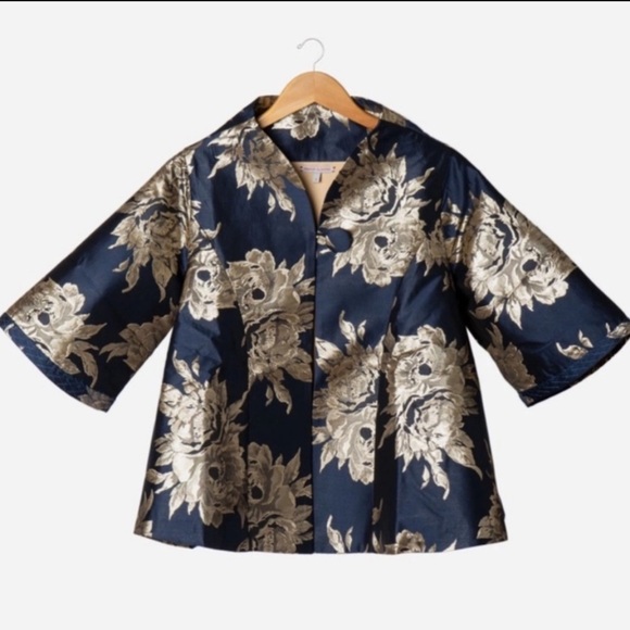 Frances Valentine Metallic Jacquard Short Swing Coat In Navy Blue Size 1X Plus - Picture 9 of 9